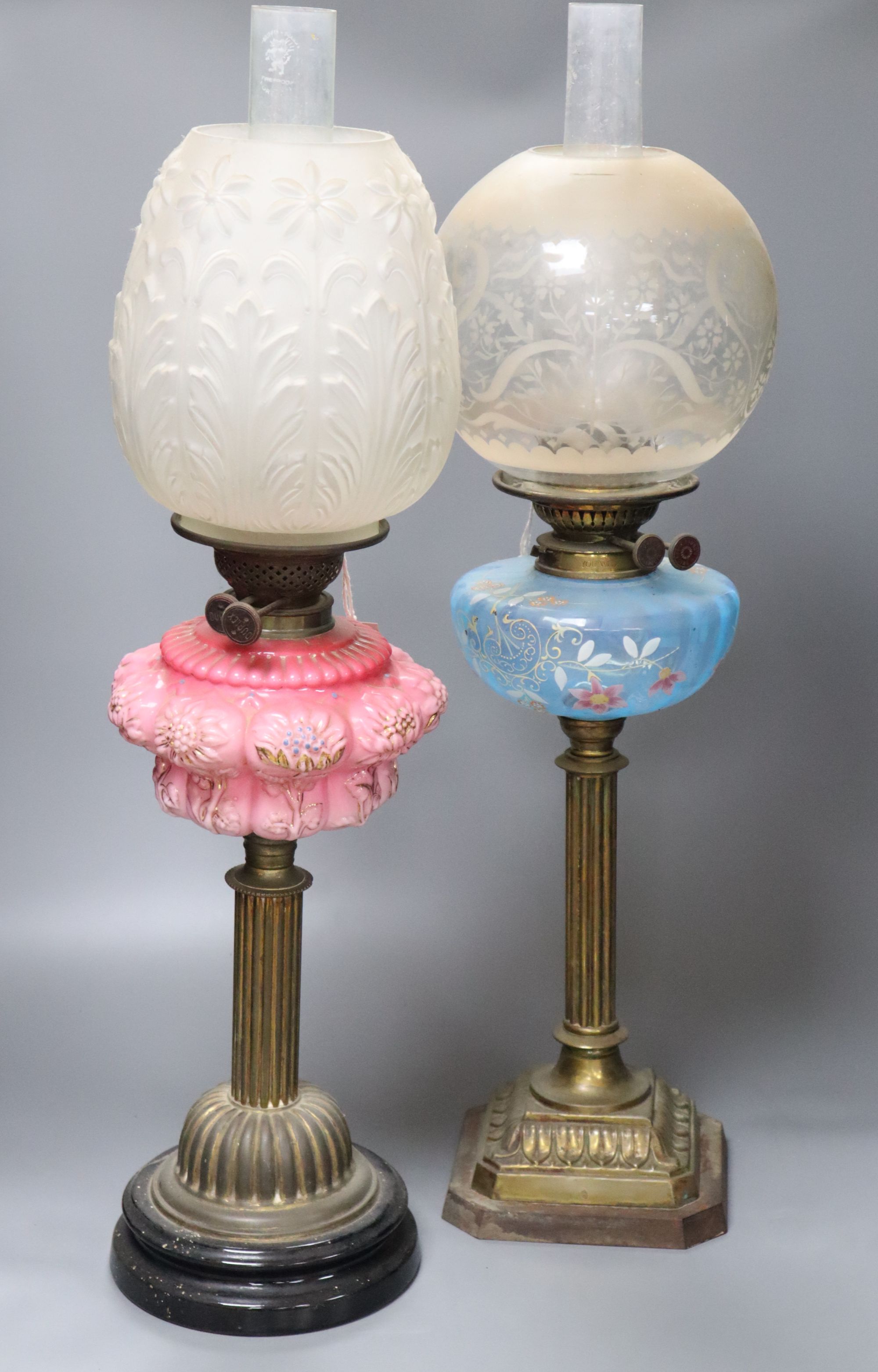 Two 19th century oil lamps, tallest 68cm including funnel